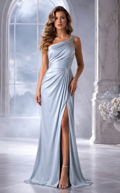 Silver One-Shoulder Sleeveless Satin Mermaid Split Evening Dress