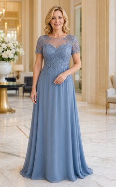 MOB Kleid Stahlblau Chiffon Spitze A-Linie Kurzarm Rundhalsausschnitt Bodenlang Plissee