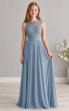 Stahlblaues Brautjungfernkleid für junge Damen, A-Linie, hoher Kragen, ärmellos, Spitze, romantisch