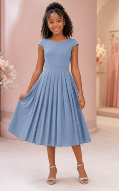 Stahlblaues Brautjungfernkleid für junge Damen, A-Linie, eckige kurze Ärmel, plissiert