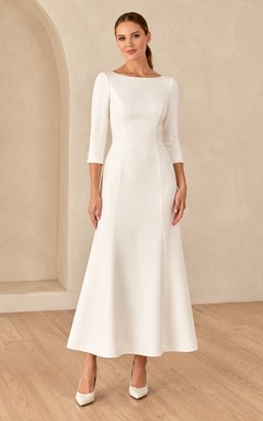 Modest Bateau Three Quarter Sleeve Satin A Line Tea Length Civil Wedding Dress