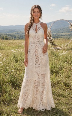 Halter Keyhole Crochet Lace Sheath Boho Wedding Dress