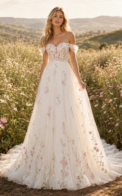 Robe de mariée trapèze à épaules dénudées et imprimé floral champêtre