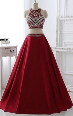 A-Line Two Piece Satin High Neck Sleeveless Zipper Dress