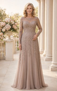 Taupe Long Sleeve Lace Bodice A-Line Mother Dress