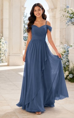 Vestido de dama de honor juvenil azul acero, corte en A, hombros descubiertos, mangas cortas.