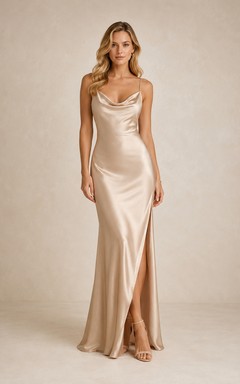 Robe de soirée fourreau en satin champagne, col bénitier, sans manches et fente, longueur au sol