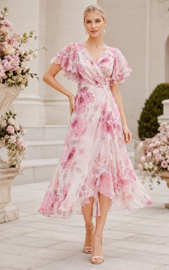 Blushing Pink Floral V Neck Ruffle High Low Guest Dress