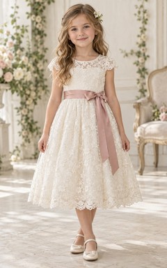 Vestido de niña de flores vintage de corte A, color marfil, con estampado floral, mangas cortas de encaje y fajín de rosas, largo hasta la rodilla.