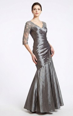 Charcoal Metallic Mermaid Evening Dress with Ruched Bodice and 3/4 Lace Sleeves