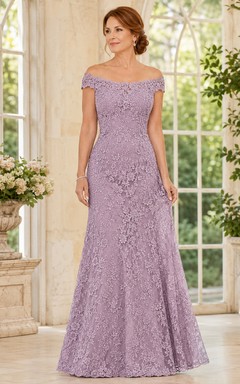 Lavendelfarbenes schulterfreies Meerjungfrauen-Kleid aus Spitze für Mütter