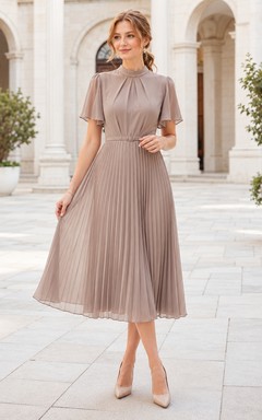 Taupe Pleated High Neck Short Sleeve Ceremony Midi Dress