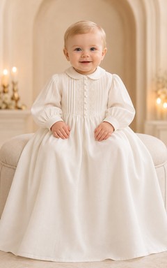 Taufkleid mit Bischofsärmeln, A-Linie, Satin, Spitze, hoher Kragen, schlichter Rock