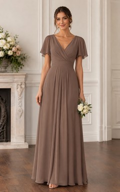Taupe V-Neck Short Sleeve Chiffon A-Line Bridesmaid Dress