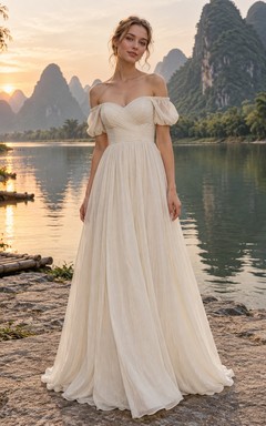 Simple Off Shoulder Sweetheart Puff Sleeve A Line Wedding Gown