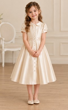 Cream Peter Pan Collar Puff Sleeve Button Flower Girl Dress