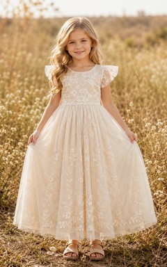 Blumenmädchenkleid aus elfenbeinfarbener Spitze und Tüll, A-Linie, Rundhalsausschnitt, Teelänge