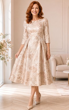 Champagnerfarbenes Midikleid mit floralem Jacquardmuster, V-Ausschnitt, Dreiviertelärmeln und A-Linien-Schnitt, ideal für Mütter von Frauen.
