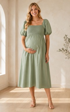 celadon Maternity Square Neck Puff Sleeve Empire Tea Length Garden Dress