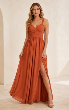V Neck A-Line Papaya Chiffon Split Front Formal Evening Dress