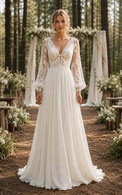 Boho A-Line Wedding Dress Long Sleeve V-Neck Lace Chiffon Floor Length Chapel Train Ivory