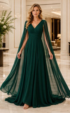 Robe de soirée vert foncé en mousseline à col V et manches cape