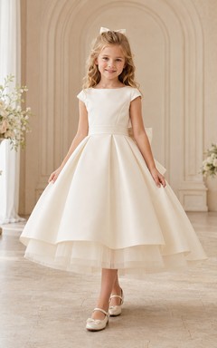 Blumenmädchenkleid aus elfenbeinfarbenem Satin, A-Linie, Rundhalsausschnitt, Teelänge, Schleifendetail