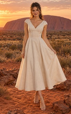 Schlichtes Brautkleid in A-Linie mit V-Ausschnitt, kurzen Ärmeln und Teelänge