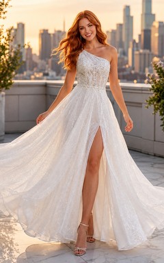 Robe de bal longue en mousseline blanche pailletée, bretelles spaghetti, coupe trapèze, col en V et fente, longueur au sol