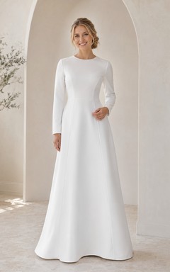 Robe de mariée simple trapèze longue en satin à manches longues ornée de bijoux, style court, pour un mariage de cour, style LDS.