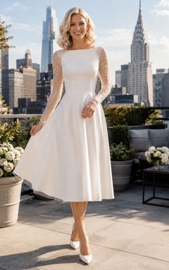 Robe de mariée civile modeste à manches longues et effet bateau, longueur thé