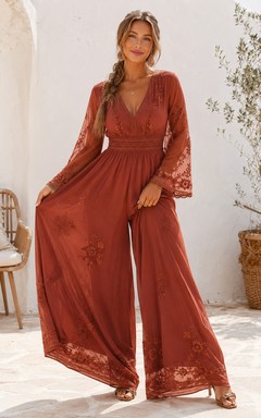 Mono Terracotta Verse Papaya, largo hasta el suelo, escote en V, manga larga, encaje, estilo bohemio, formal