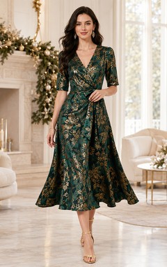 Dark Green V Neck Half Sleeve Gold Jacquard Wrap Tea Guest Dress