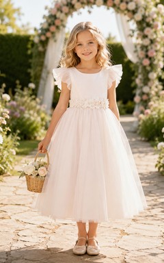 Blumenmädchenkleid aus rosafarbenem Tüll, A-Linie, Rundhalsausschnitt, Teelänge, mit Schärpendetails