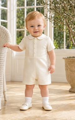 Ivory Pintuck Peter Collar Short Sleeve Baby Blessing Romper for Baby Boy