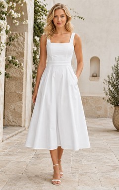 Weißes, schlichtes, eckiges Satin-Gästekleid mit Trägern, A-Linie und Teelänge