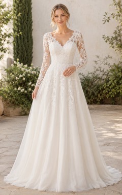 Lace Wedding Dress Mermaid V-Neck Long Sleeve Chapel Train Bridal Gown