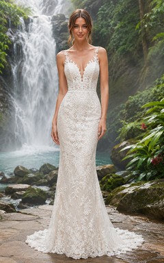 Robe de mariée sirène en dentelle à décolleté plongeant et dentelle, style spaghetti, coupe sirène, idéale pour un mariage de destination.