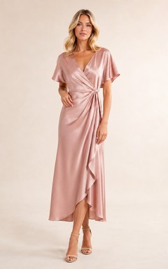 Rosafarbenes Satin-Wickelkleid mit flatternden Ärmeln und Rüschen, Midi-Länge, für besondere Anlässe