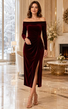 Burgundy Velvet Off-the-shoulder Long Sleeve Cocktail Dress