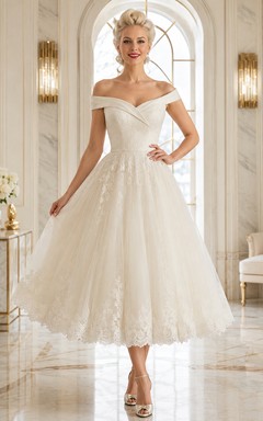 Elegante vestido de recepción de novia de satén con encaje y escote Bardot, largo hasta la rodilla y corte en A.