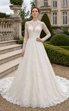 Brautkleid im französischen Gartenstil mit langen Ärmeln und A-Linien-Spitze