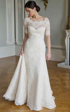 Sheath Short-Sleeve Scoop-Neck Lace Wedding Dress With Illusion