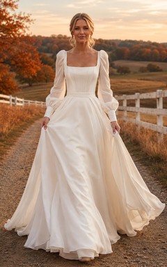 Vestido de novia rústico de corte A con escote cuadrado y mangas largas de satén y gasa, ideal para otoño.