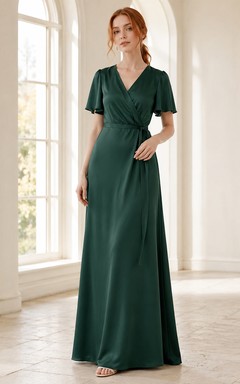 Dark green V-neck short sleeve wrap floor length bridesmaid dress