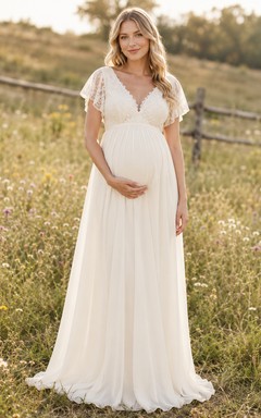 Strandhochzeitskleid aus Chiffon, A-Linie, schulterfrei, kurze Ärmel, Schleppe