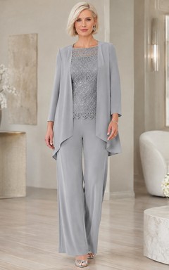Stahlgraues, schlichtes Chiffon-Langarmkleid für Mütter, zweiteilig