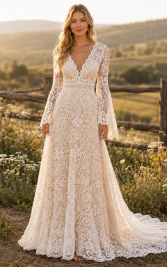 Robe de mariée champêtre en dentelle, coupe trapèze, col en V, manches longues, traîne chapelle
