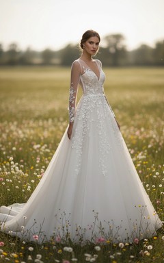 Deep V-Neck Long Sleeve Lace Tulle Ball Gown Wedding Dress