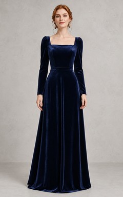 Modest Dark Navy Square Neck Long Sleeve Velvet A-Line Floor-Length Evening Gown